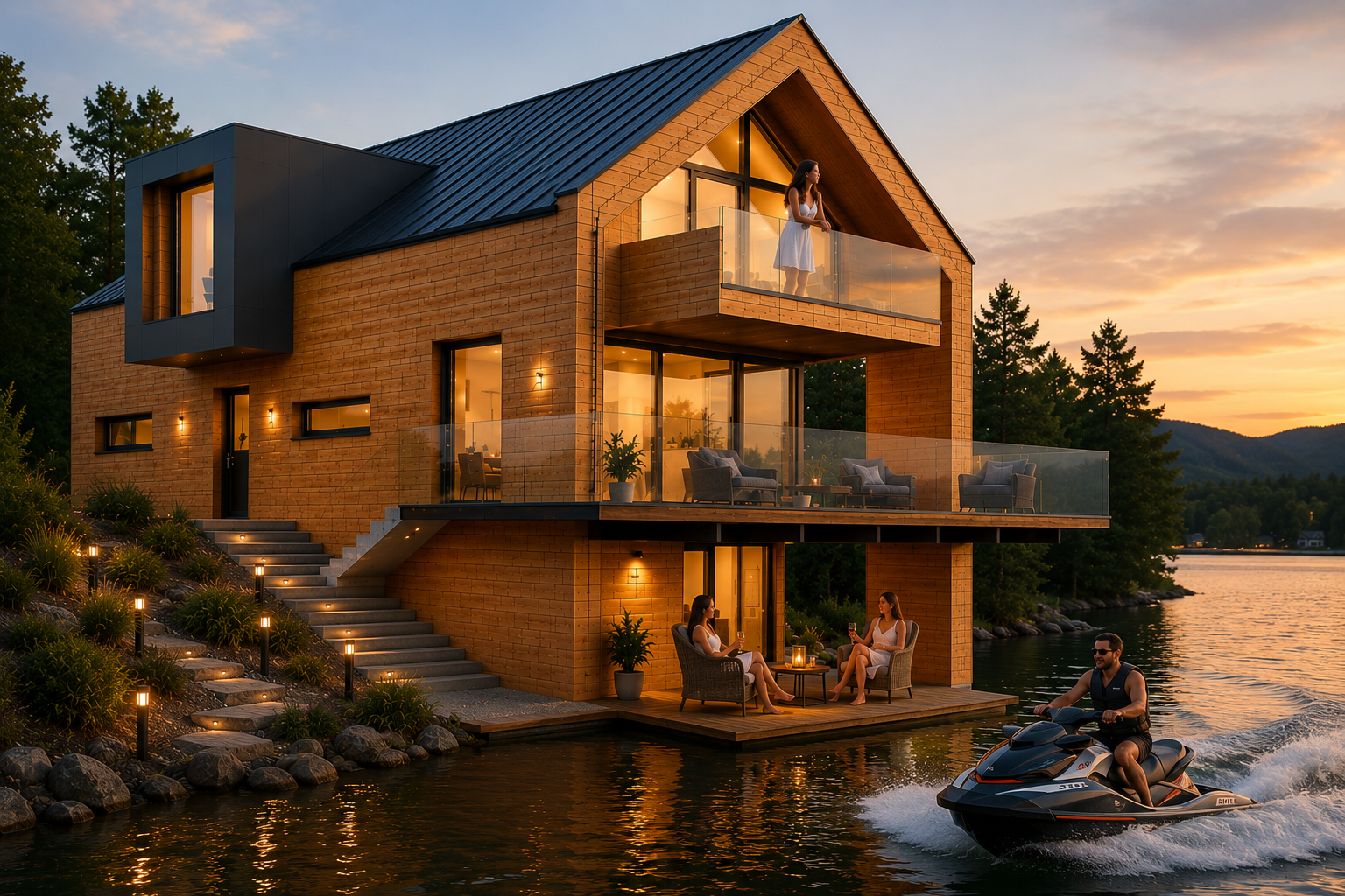 Modernes HolzMauerStein Musterhaus am See mit Balkon, Holzfassade und Glasflächen